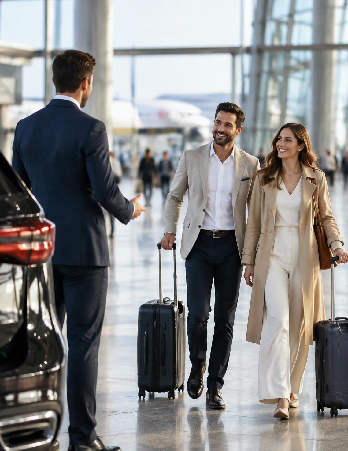 A chauffeur greeting arriving travellers in an airport terminal