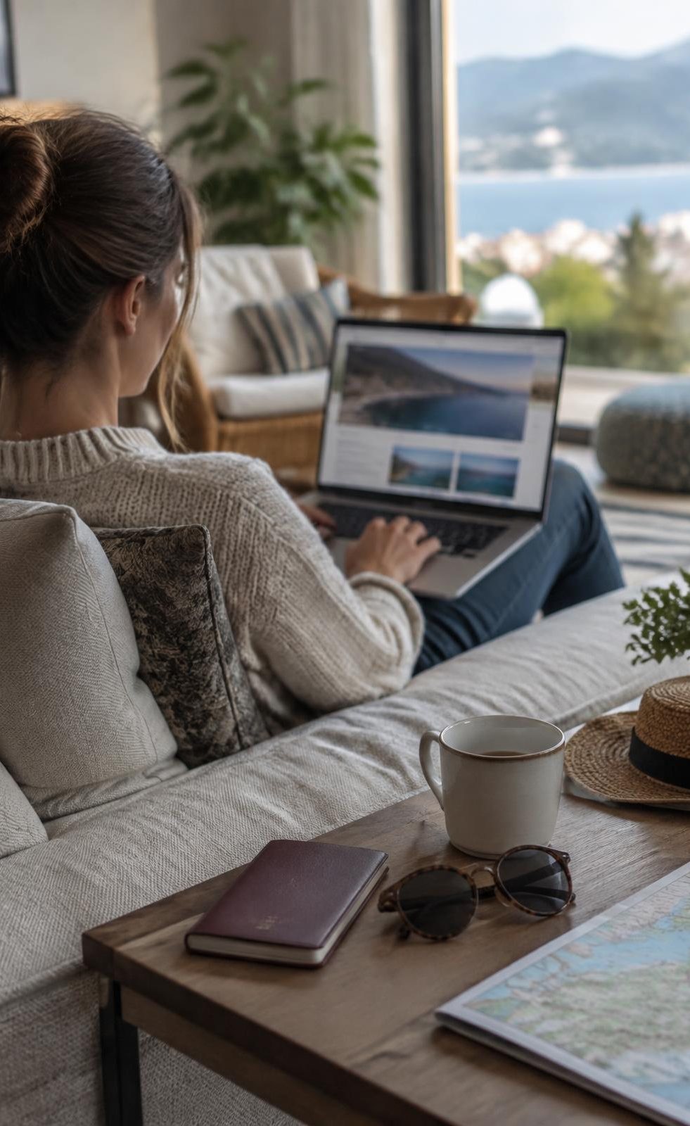 A traveller planning a holiday on a laptop at home