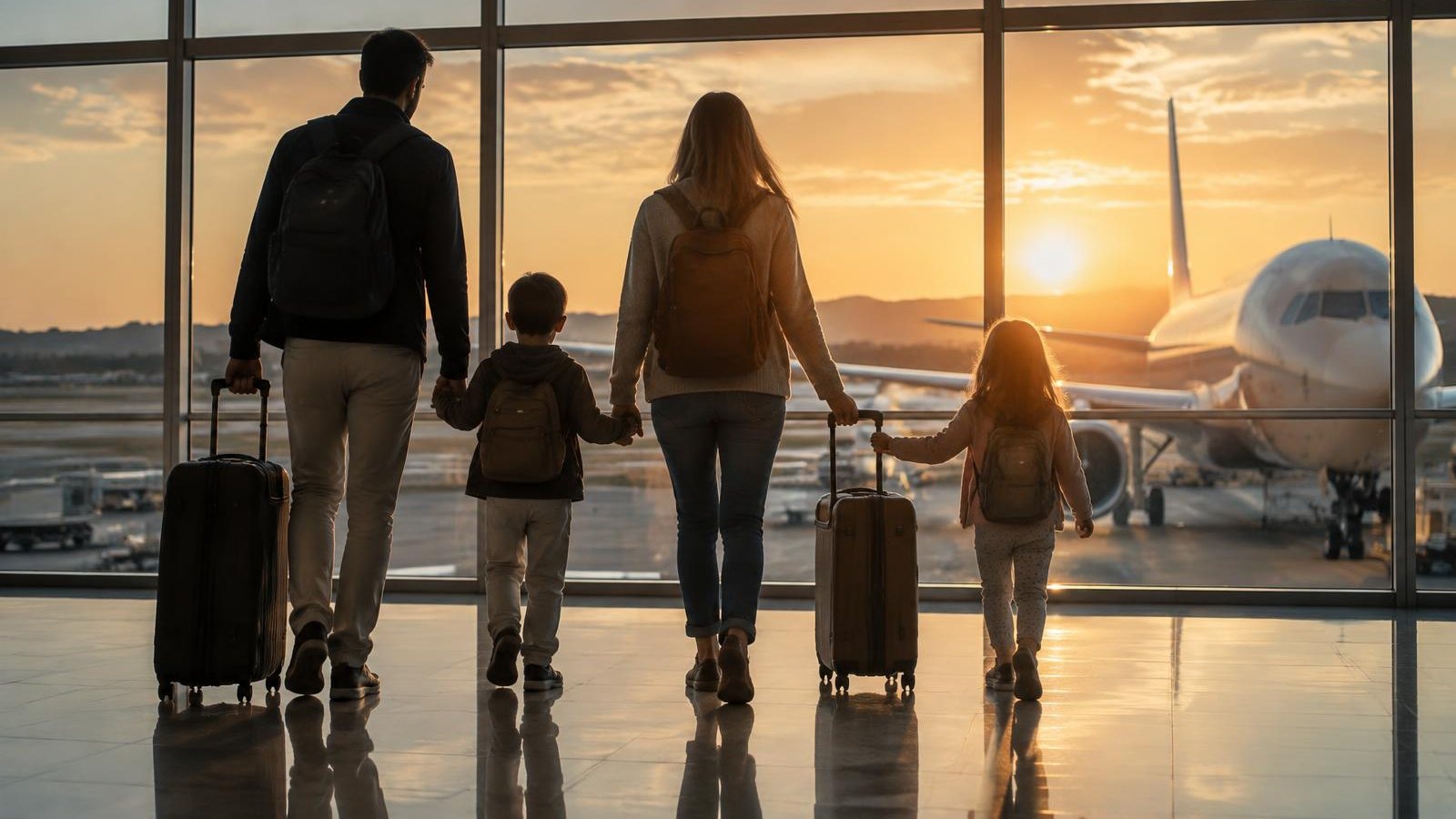 A family with suitcases at airport departure windows at sunset