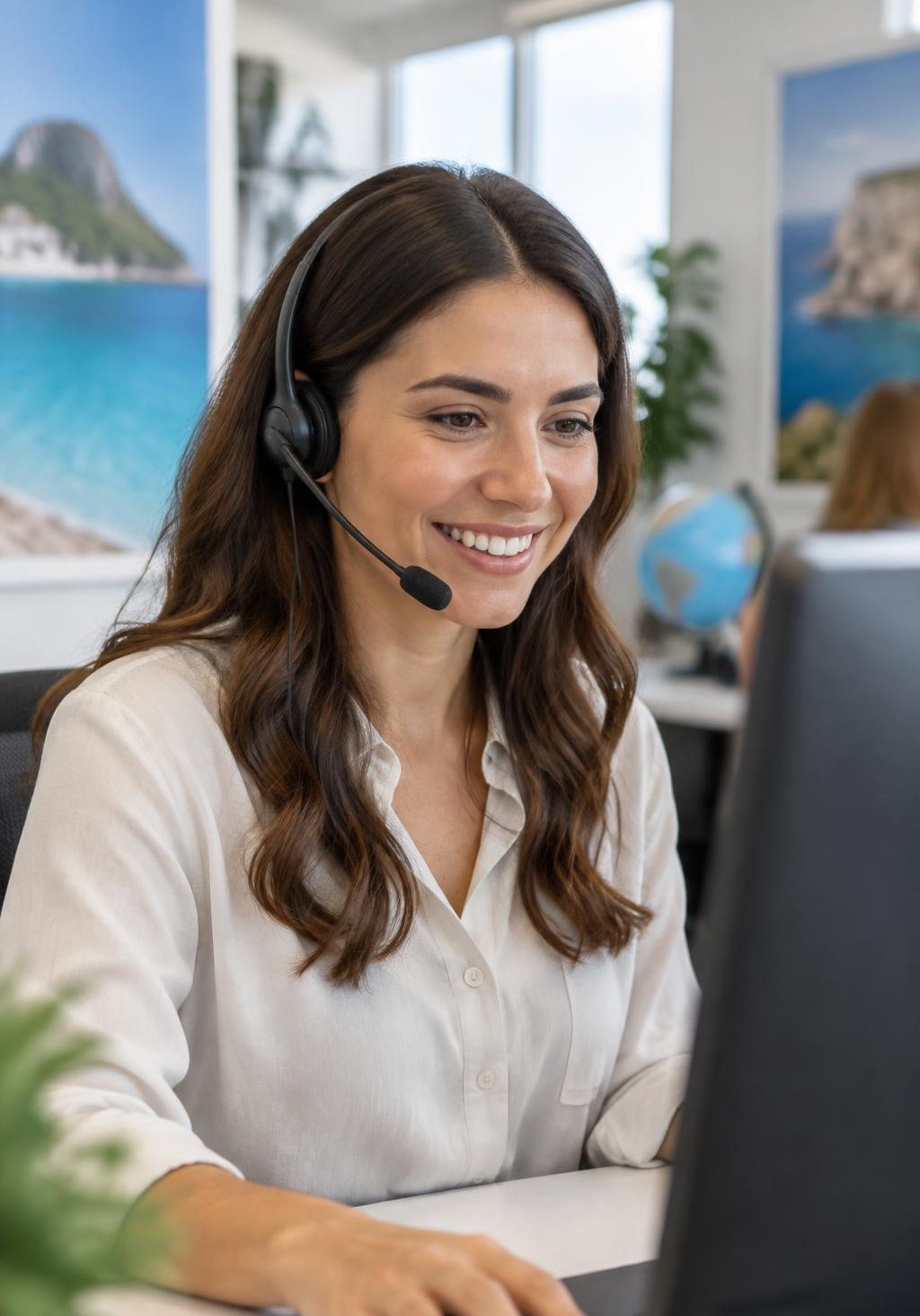 A customer service advisor wearing a headset at a desk