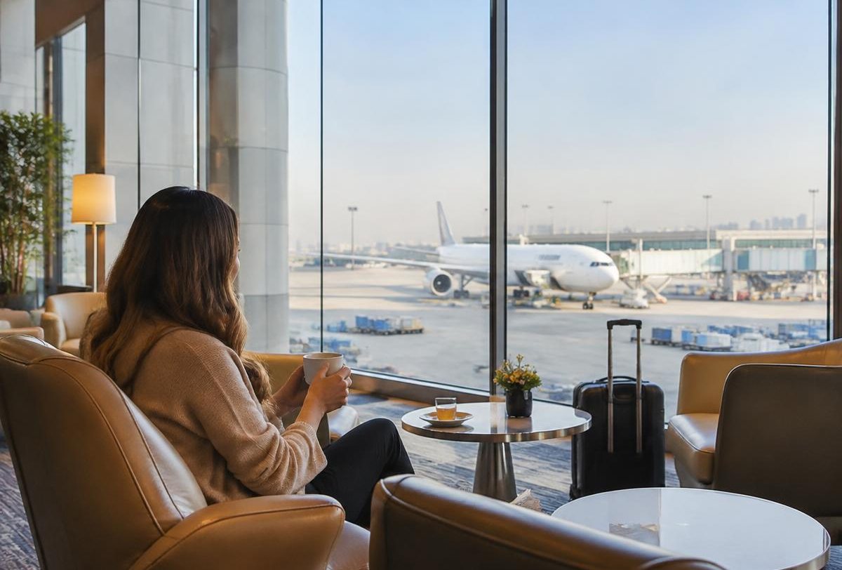 A traveller relaxing in an airport lounge
