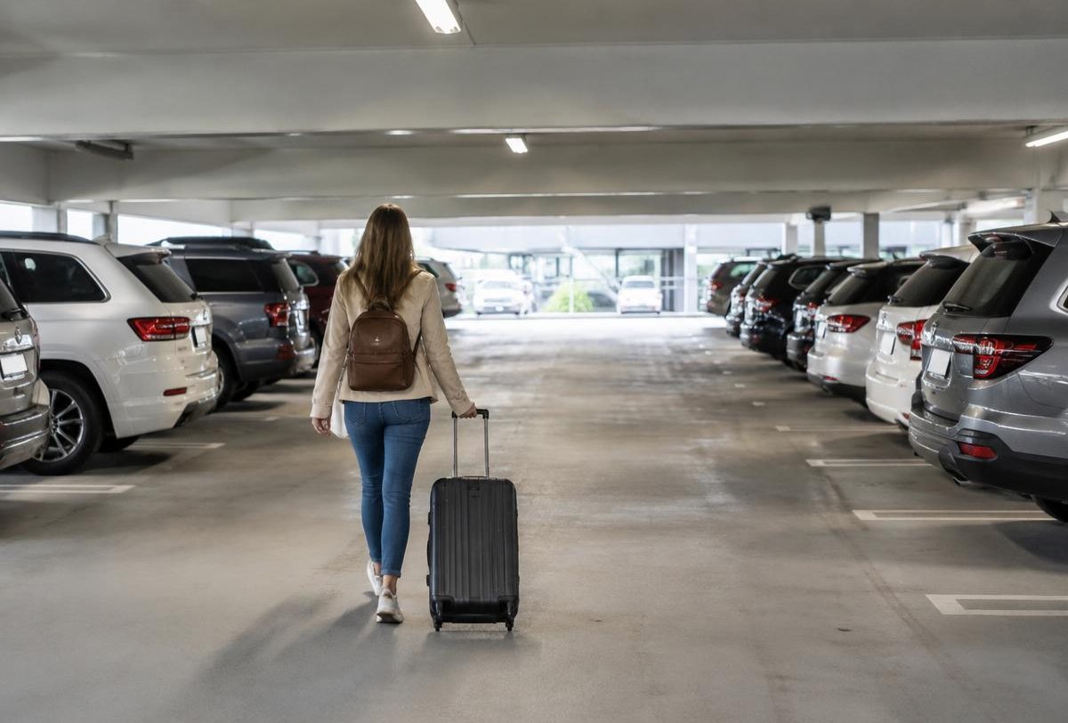 A traveller with a suitcase in an airport car park