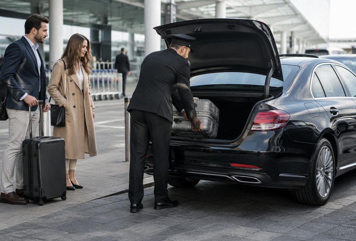 A chauffeur loading suitcases into a car at an airport